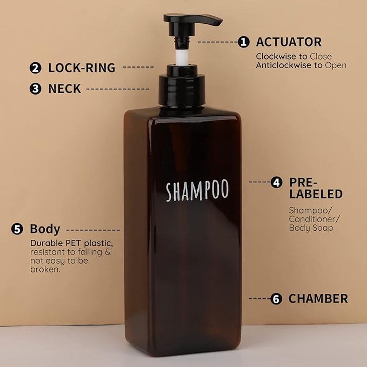 A Luxe Soap Lotion Dispenser Square, 3 pieces, 500 ml, brown, soap dispenser, set with labels for shampoo, conditioner, body soap, refillable plastic pump bottles for bathroom, high capacity