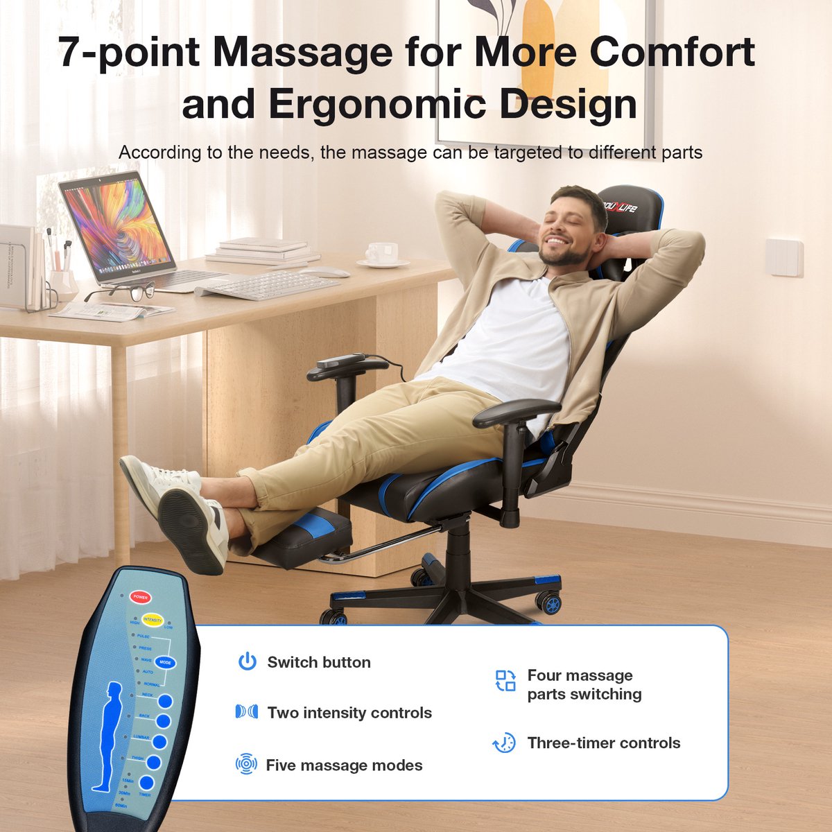 PU Massagestoel met voetenbank - Ergonomische Gamestoel - 175° - Bureaustoel - Blauw&Zwart