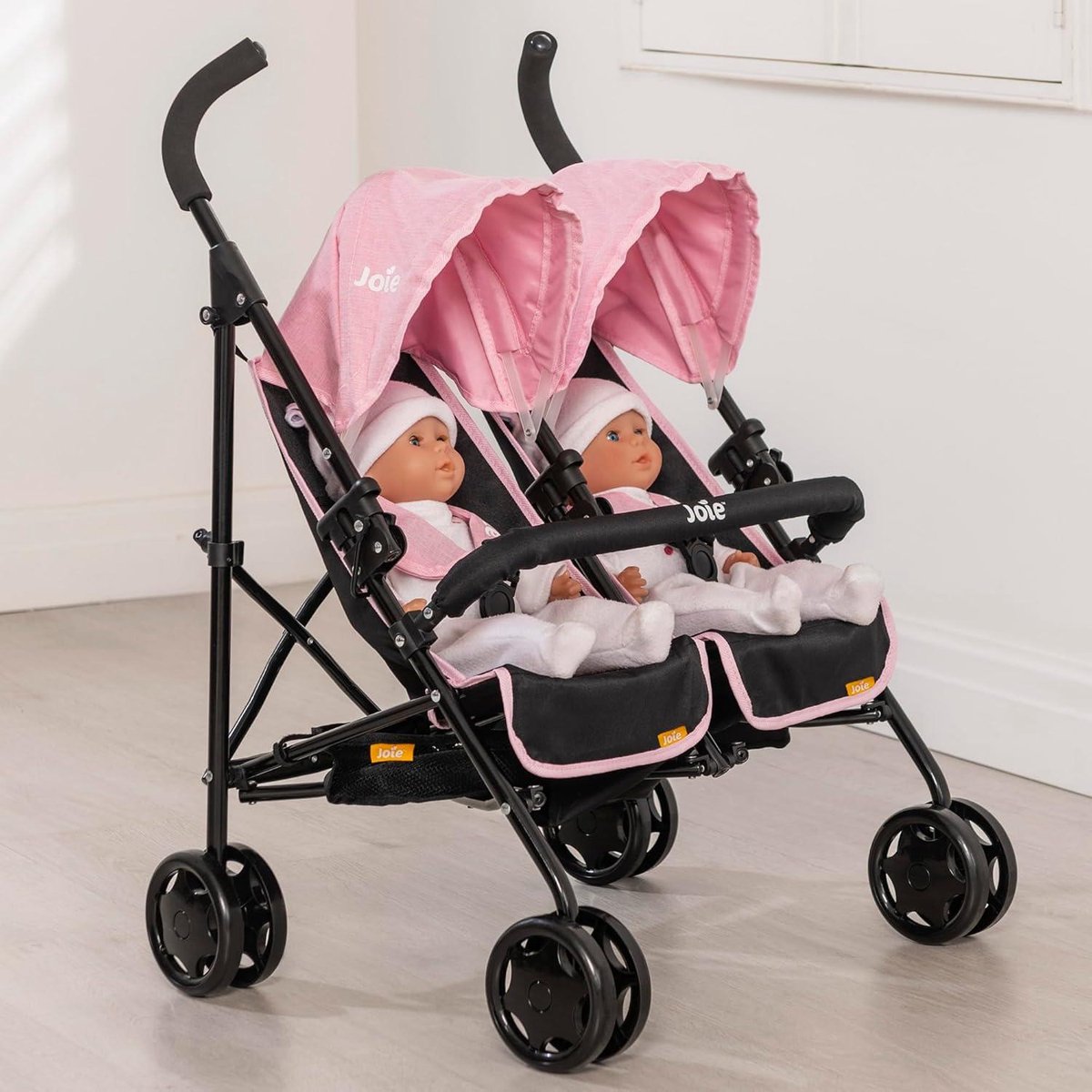 Joie Aire Twin kinderwagen zwart roze | Dubbele kinderwagen voor kinderen | Opvouwbare kinderwagen voor rollenspel poppen buggy Duo kinderwagen