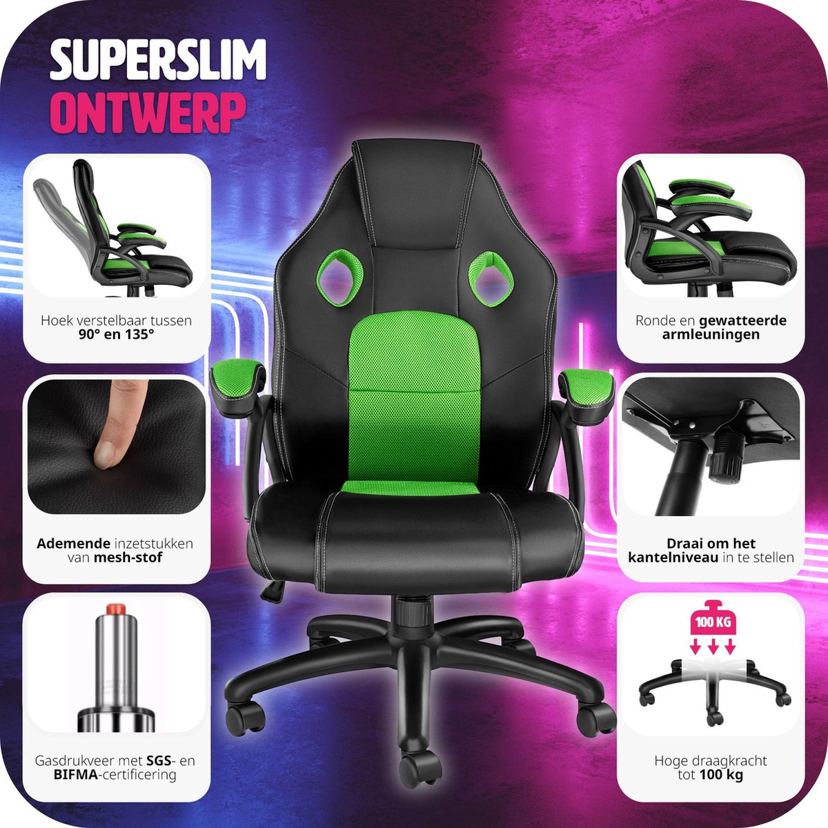 tectake® - bureaustoel gamingstoel - luxe bureaustoel kantoorstoel - racingstoel bureaustoel gamestoel Mike - zwart/groen