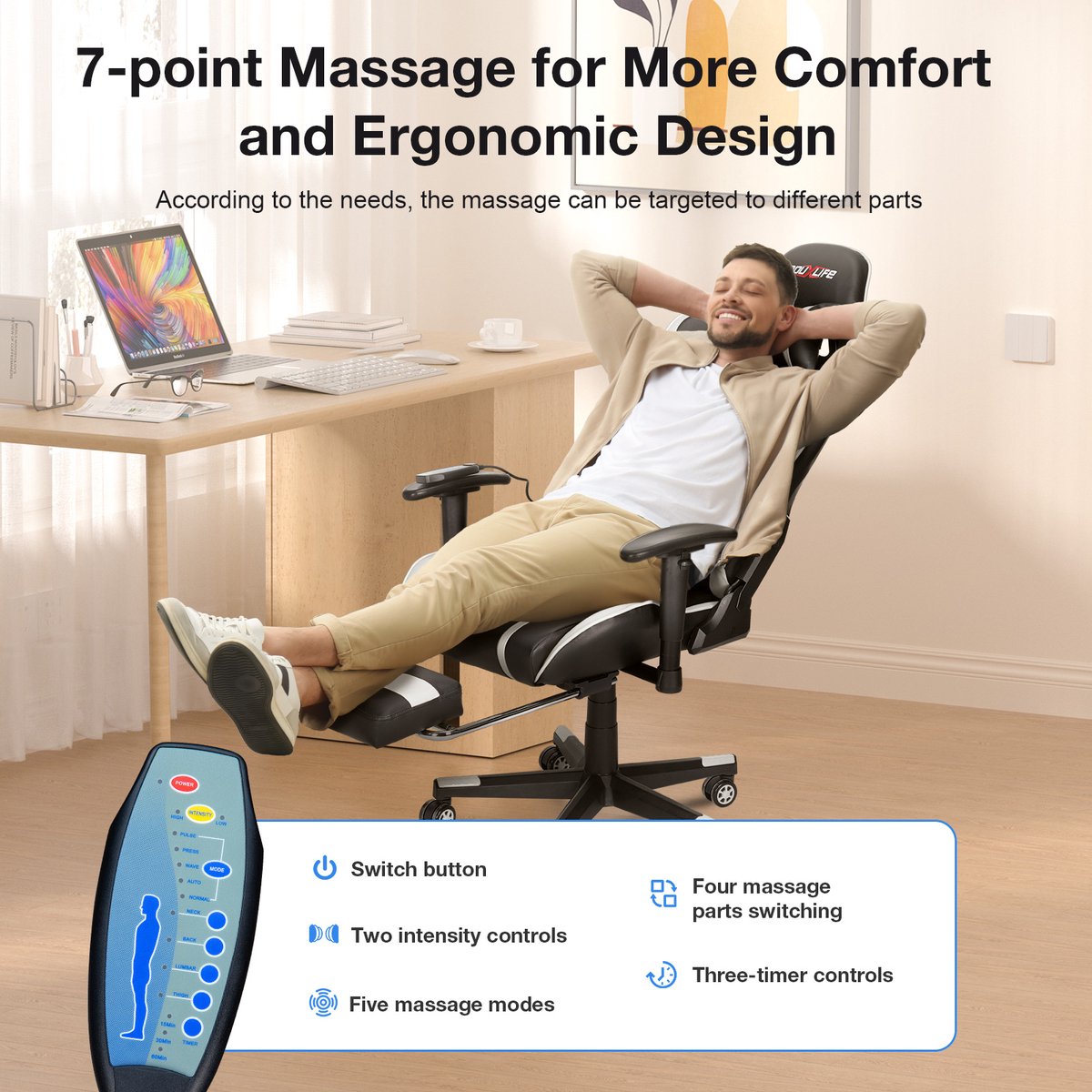 PU Massage Gaming Chair with Footrest - Ergonomic Gaming Chair - 175° - Office Chair - White&Black