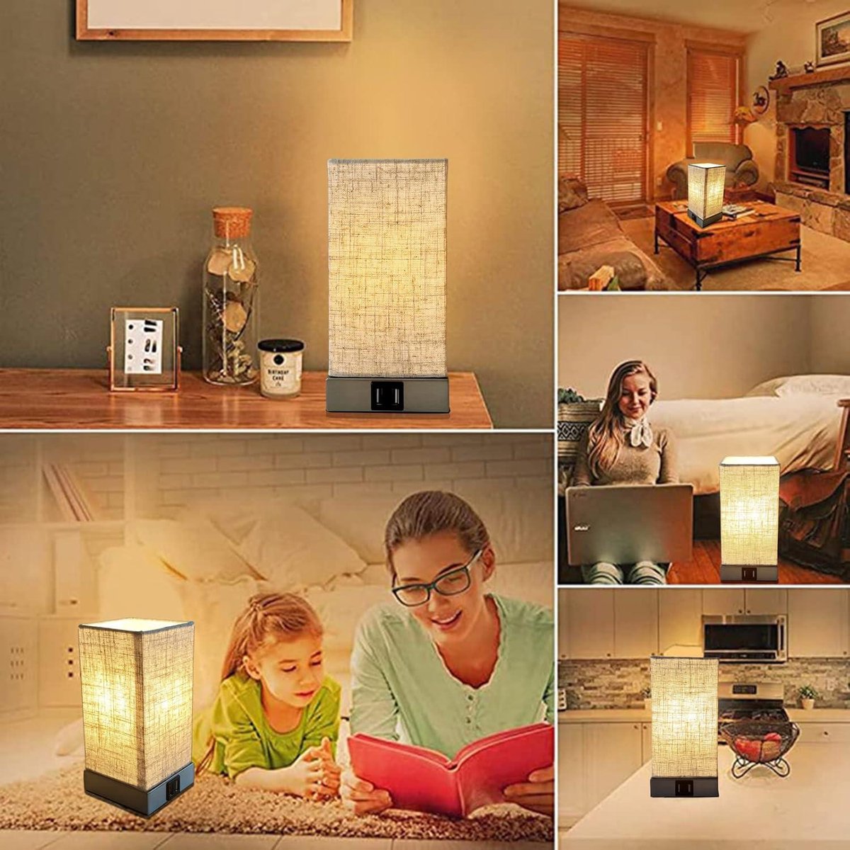 Moderne Nachtkastlamp Touch Dimbaar Vintage met USB-aansluitingen - Warmwitte Lamp - Slaapkamer Kinderkamer Beige