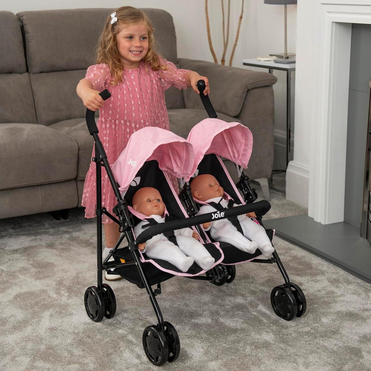 Joie Aire Twin kinderwagen zwart roze | Dubbele kinderwagen voor kinderen | Opvouwbare kinderwagen voor rollenspel poppen buggy Duo kinderwagen