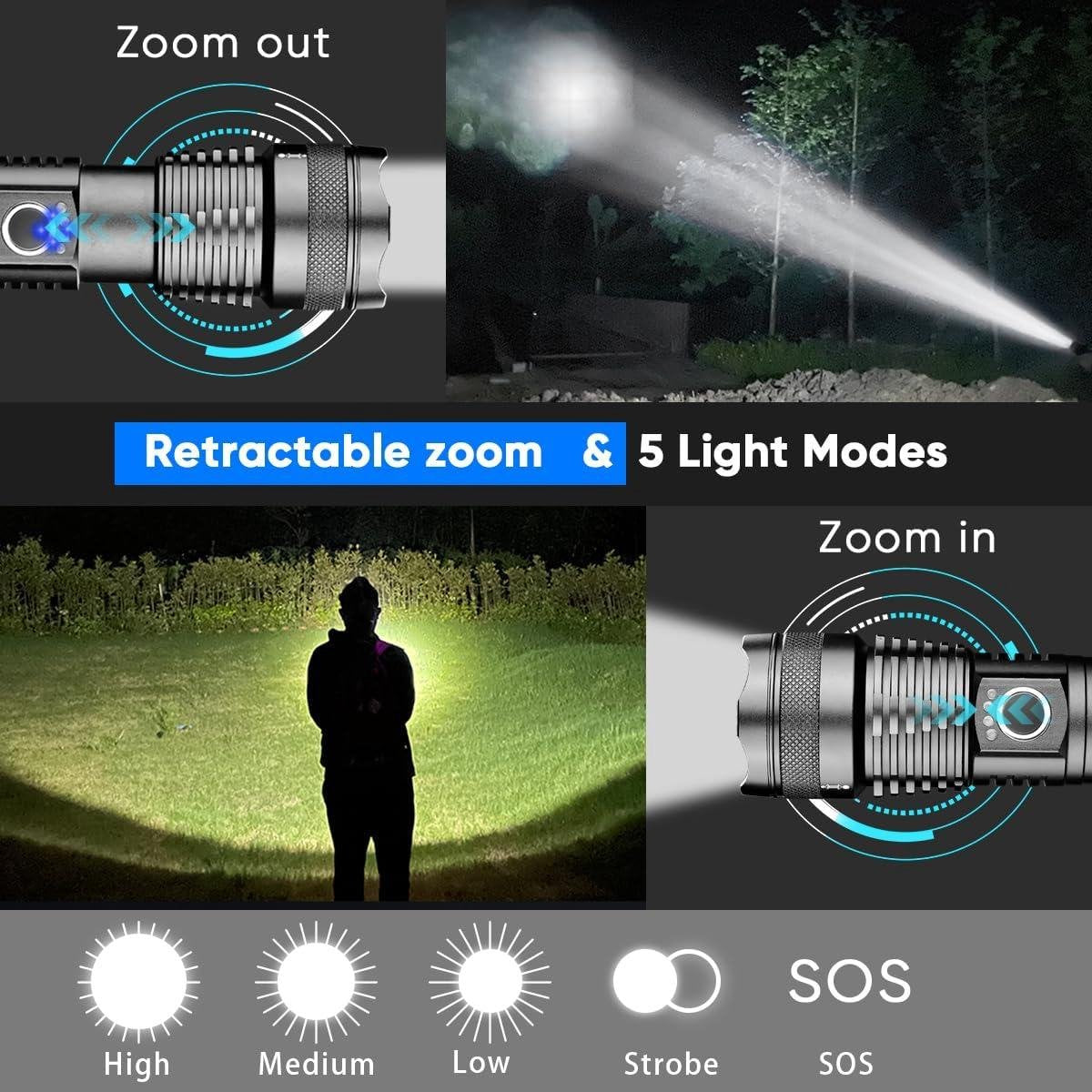 Superheldere 10000 lumen waterdichte led-zaklamp voor kamperen buitenactiviteiten - USB oplaadbaar, krachtig en zoombaar (met 3000mAh batterij) zaklamp