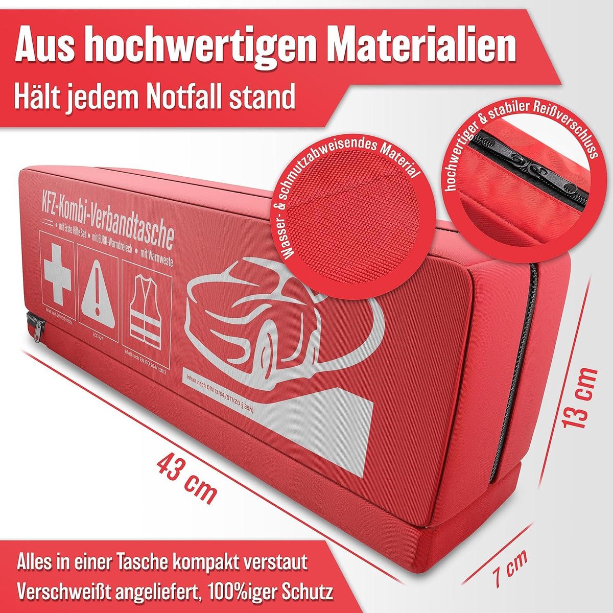 Combinatie volgens huidige norm 2024 - gevarendriehoek veiligheidsvest - verbanddoos set DIN 13164:2022 autoverbandtrommel auto accessoires