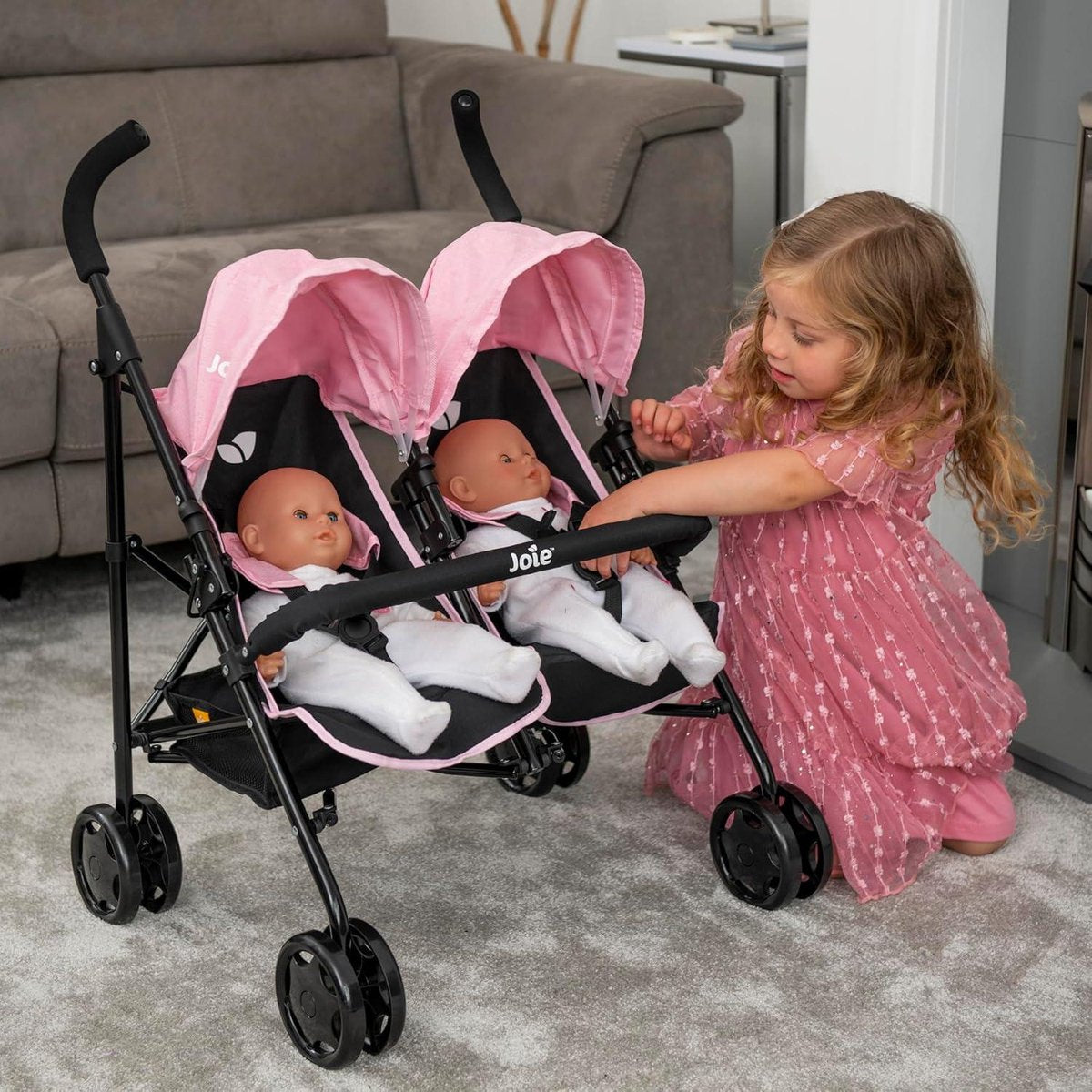 Joie Aire Twin kinderwagen zwart roze | Dubbele kinderwagen voor kinderen | Opvouwbare kinderwagen voor rollenspel poppen buggy Duo kinderwagen