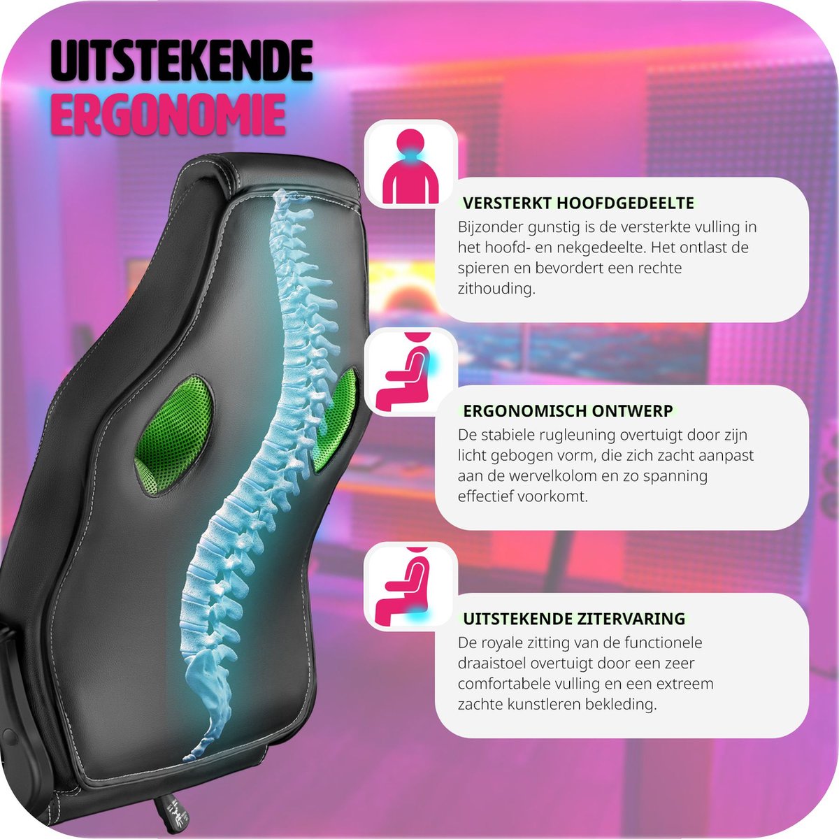 tectake® - bureaustoel gamingstoel - luxe bureaustoel kantoorstoel - racingstoel bureaustoel gamestoel Mike - zwart/groen
