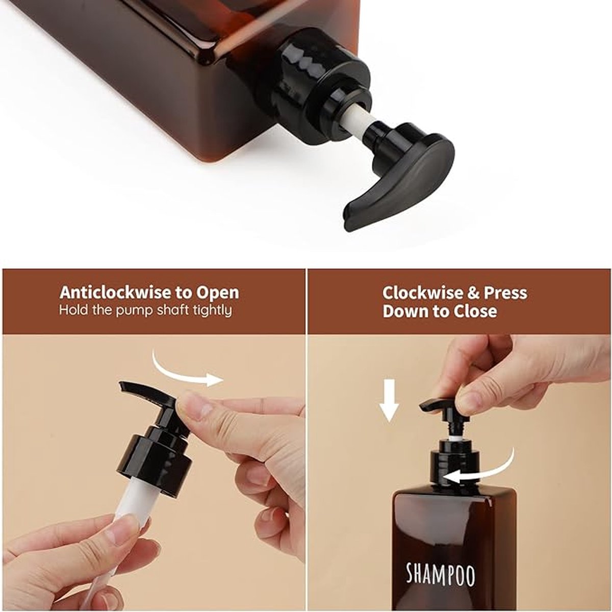 A Luxe Soap Lotion Dispenser Square, 3 pieces, 500 ml, brown, soap dispenser, set with labels for shampoo, conditioner, body soap, refillable plastic pump bottles for bathroom, high capacity