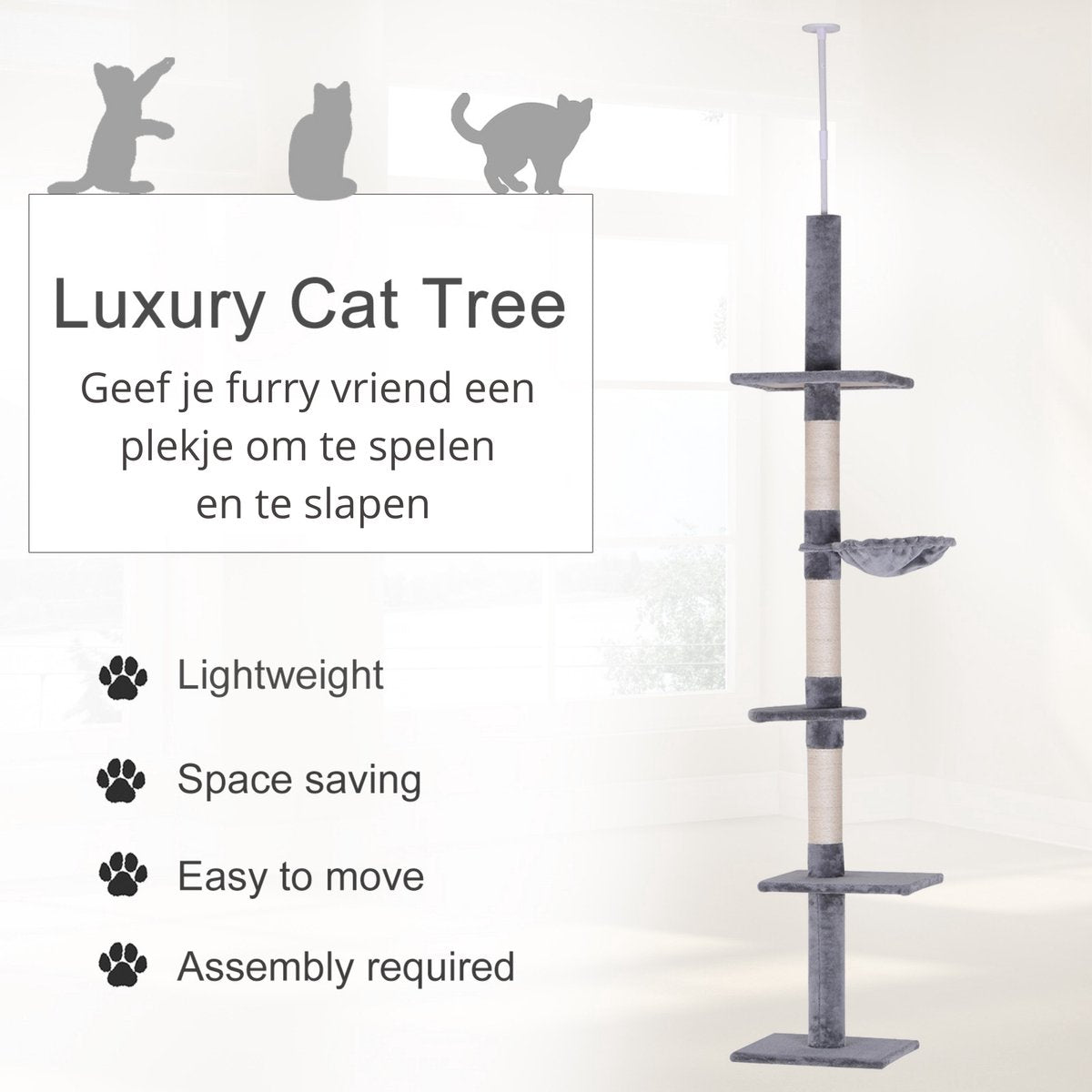 Krabpaal - In hoogte verstelbaar - Krabpaal voor Katten - Krabpaal - Kattenspeeltjes - Katten - Grijs - 40x30x (230–260) cm