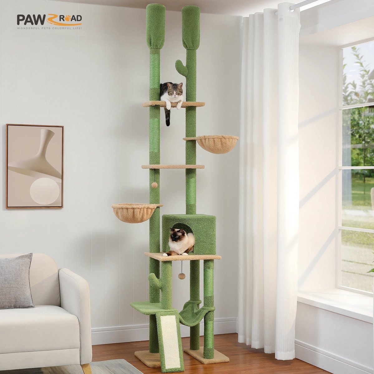 Bramboo - Krabpaal - Katten - Speelgoed - Kattenspeelgoed - In hoogte verstelbaar - 216 tot 285 cm - Groen