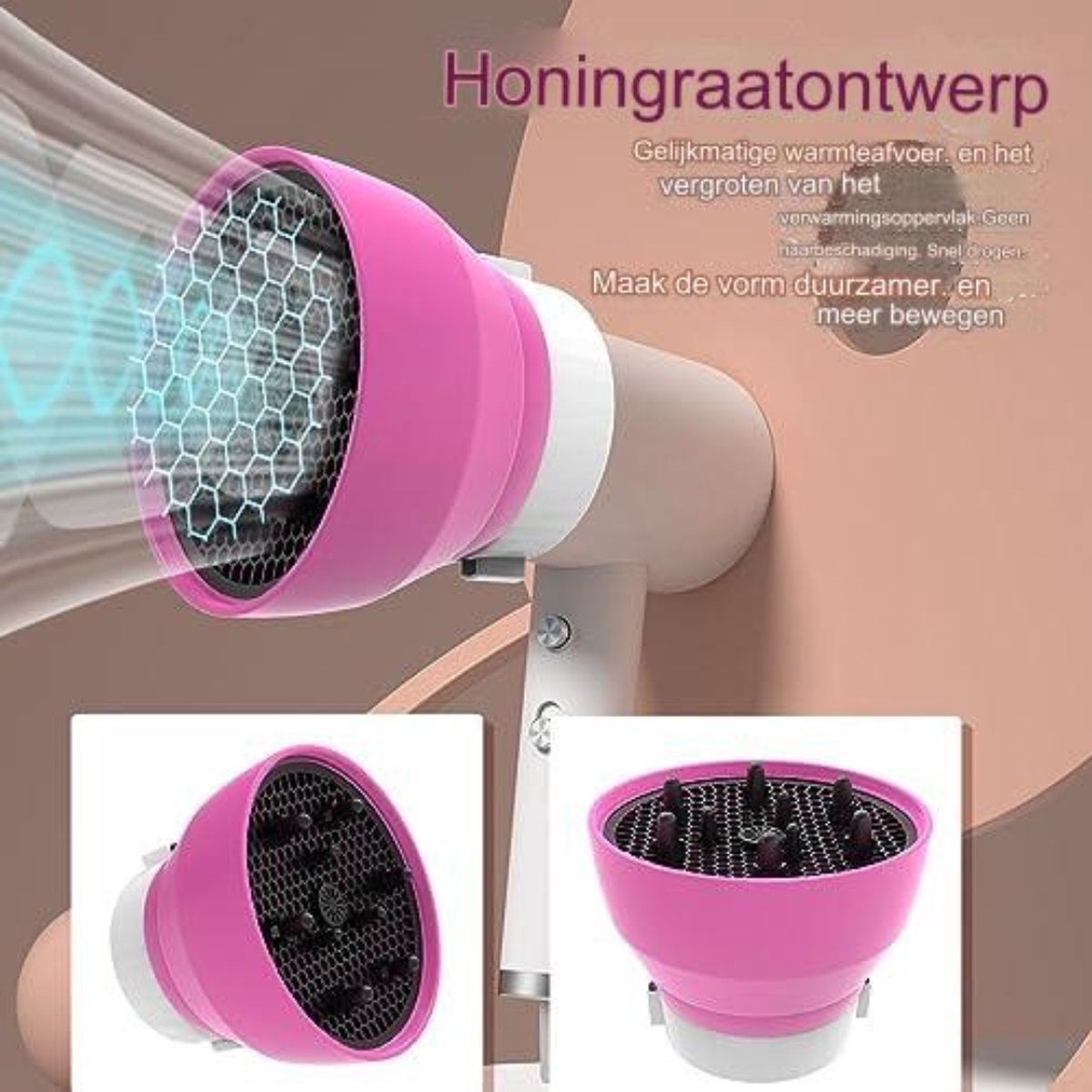 Diffuser opzetstuk - Diffuser föhn krullen - Diffuser föhn universeel - Nieuw Rozerood
