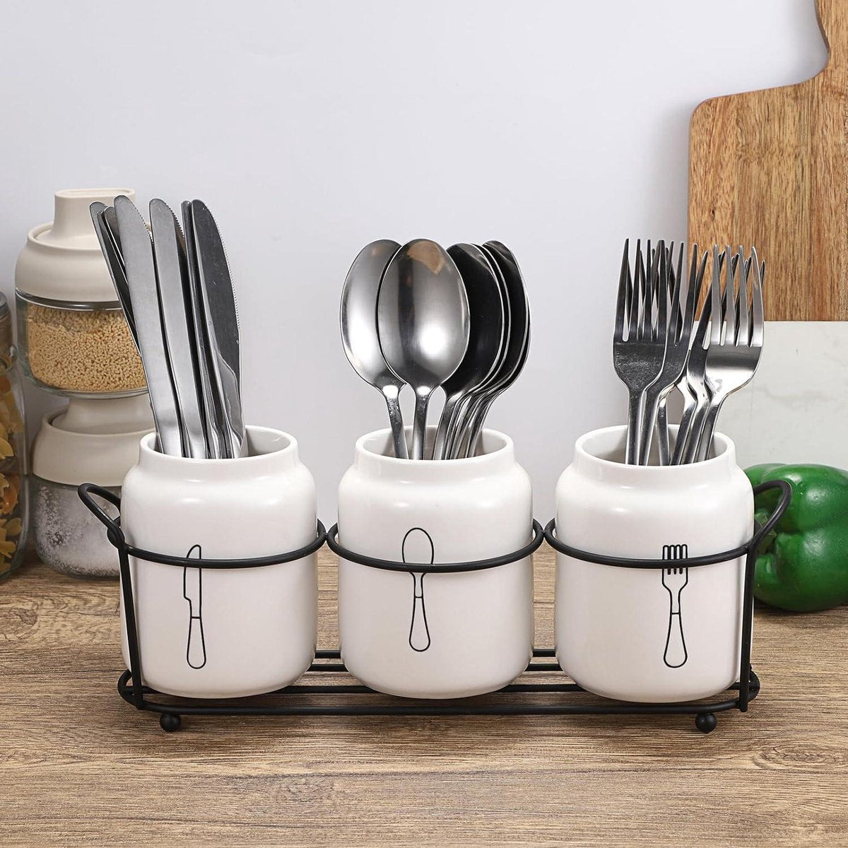 3-delige bestekbak keramisch - organizer keukentafel kast keuken - SUMNACON - lepelhouder aardewerk - bestekhouder keukengerei