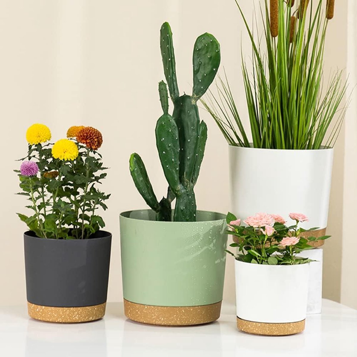Plant Potten Moderne Plantenbakken 165cm hoog - Met Afvoergaten en Afneembare Schotel - Plastic Bloempotten voor Huis Tuin Vensterbank - Donkergrijs Set van 6