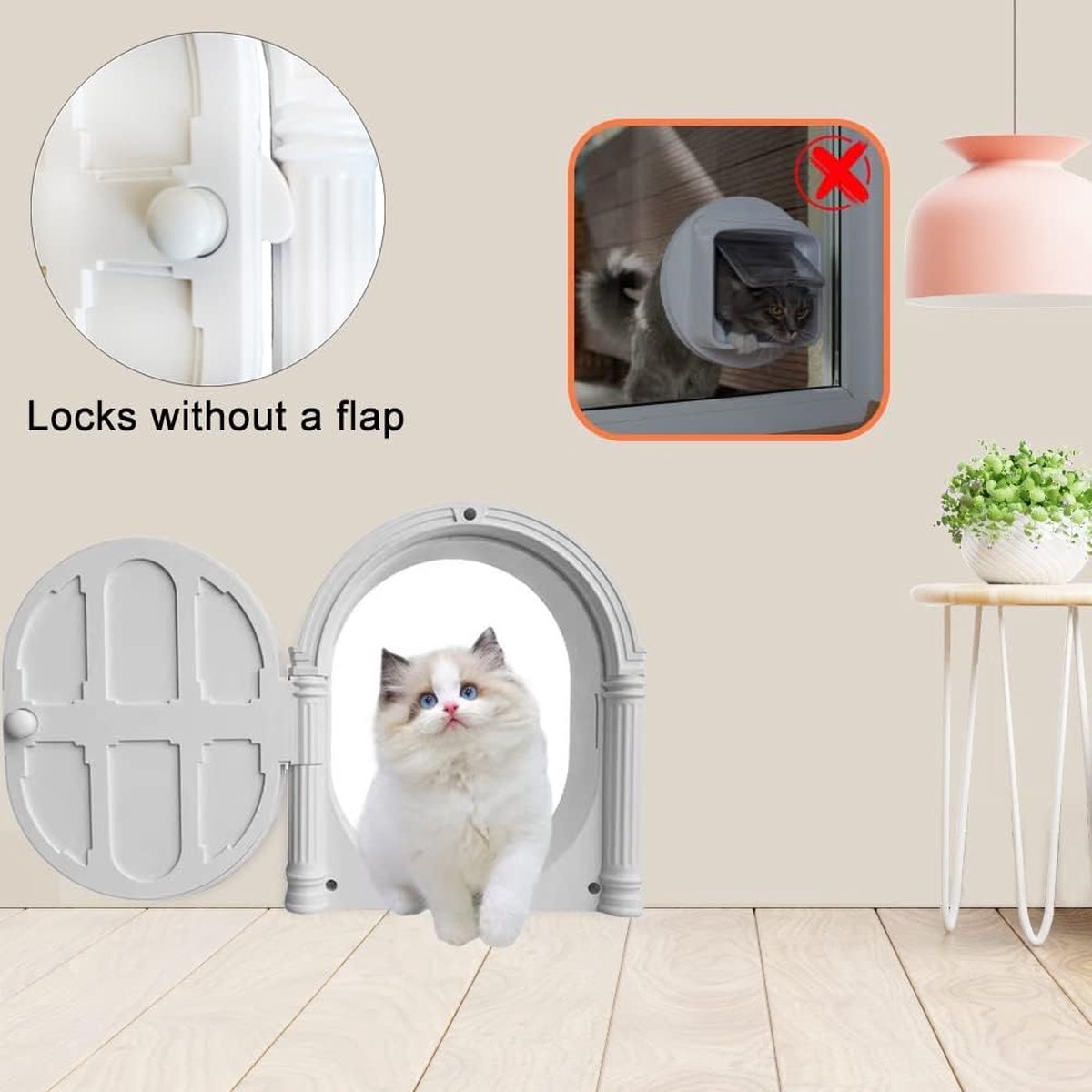 Kattenluik voor de Deur, Kattenluik voor Binnendeur, Huisdiervriendelijke Deuren voor Kleine Katten tot 9 kg, Eenvoudige Installatie, Blokkeert Honden en Kattenbakgeuren (Wit)