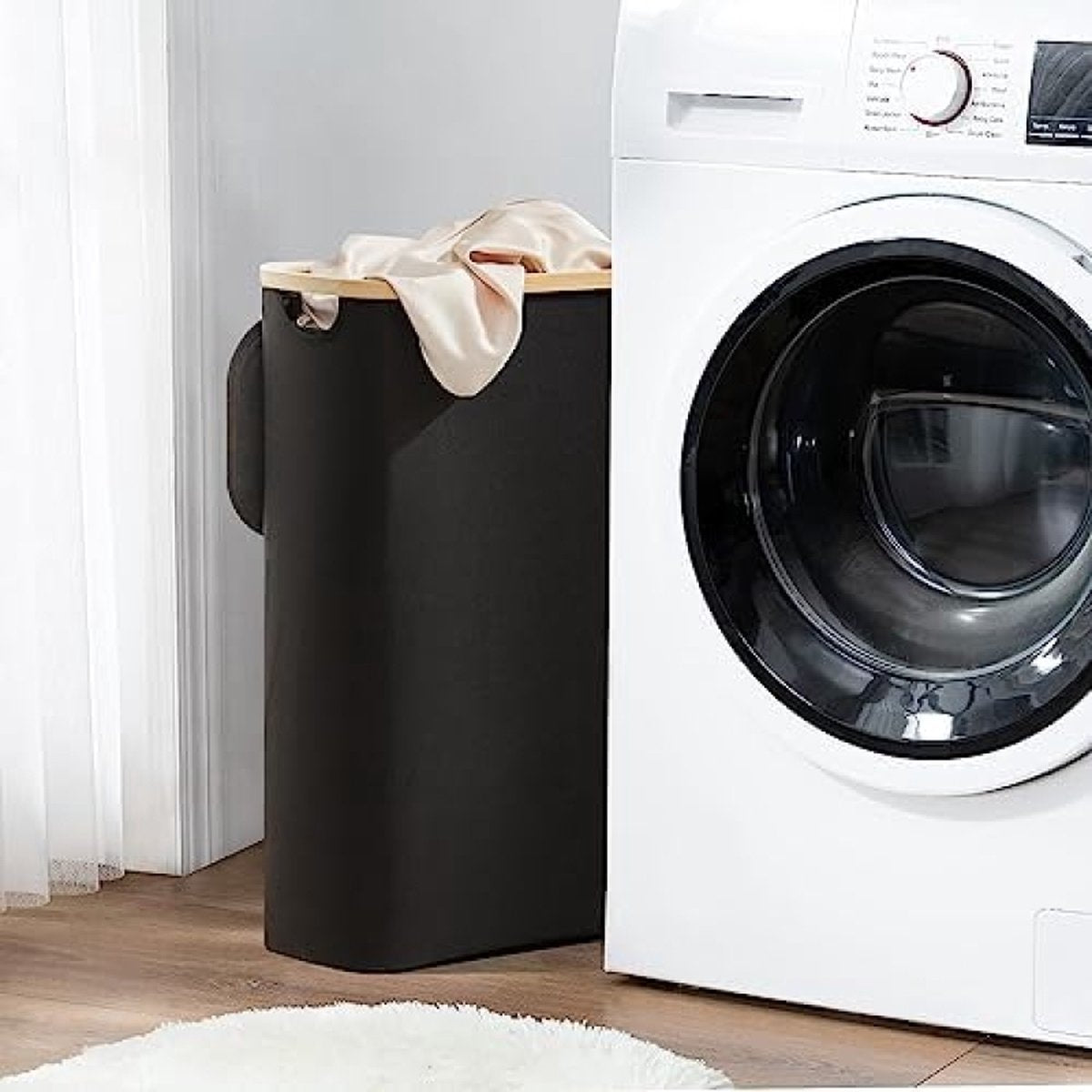 Wasmand met deksel, 48 liter, wasverzamelaar, smal, met waszak, opvouwbare wasmand, hout, bamboe, hoge wasmand
