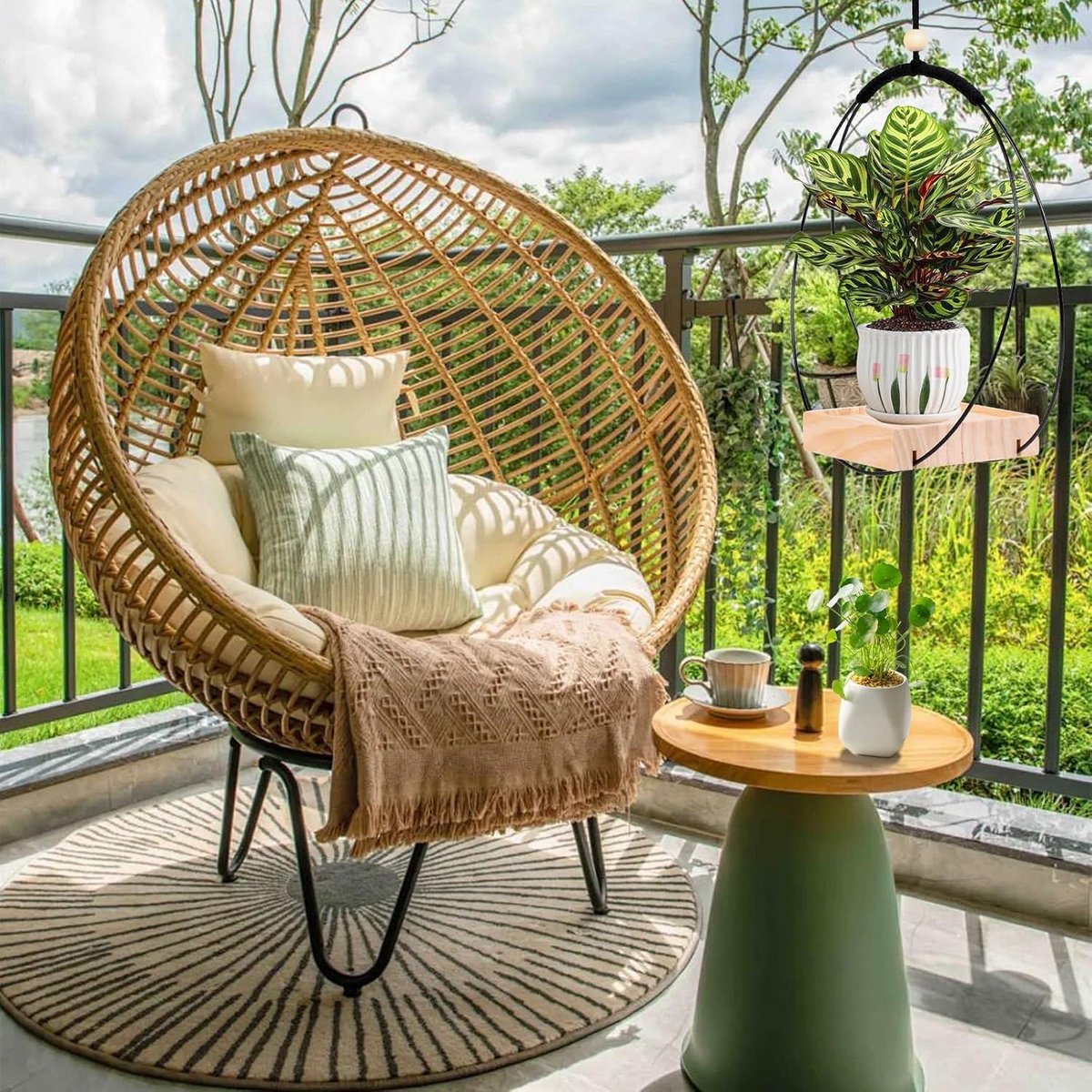 Hanging planters - 2 Sumotia pieces with wooden base metal ring and hanging loop - round black planters for indoors, walls and ceilings
