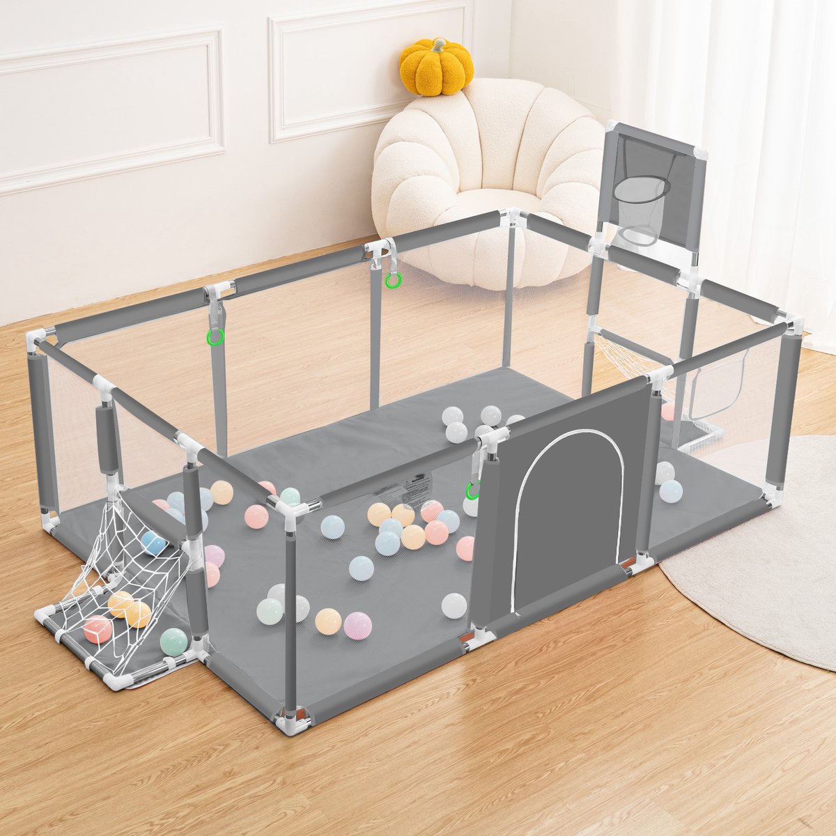 Grondbox - Baby Speelbox - 181x122cm Rechthoekig Groot Formaat Met Basketbalkorf - Grijs