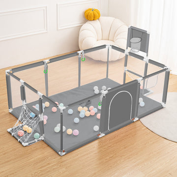 Grondbox - Baby Speelbox - 181x122cm Rechthoekig Groot Formaat Met Basketbalkorf - Grijs