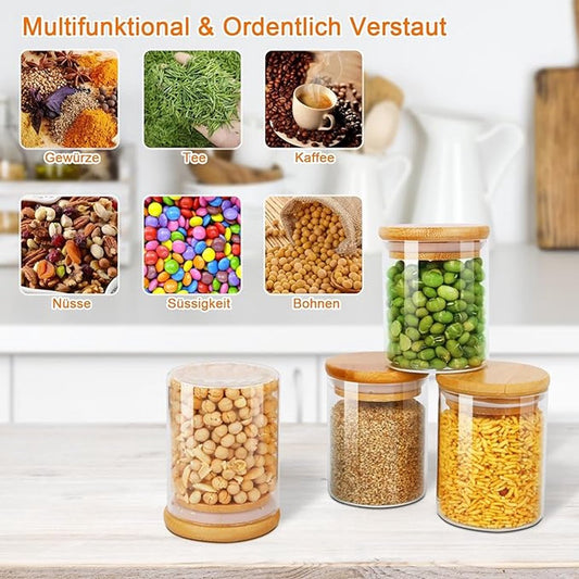9-delige set glazen voorraadpotten van 250 ml, kruidenpotten met bamboedeksels en 125 etiketten, luchtdichte bussen van hoog borosilicaatglas voor keukenopslag, voedselopslagcontainers voor kruiden, thee, koffiebonen, suiker en koekjes