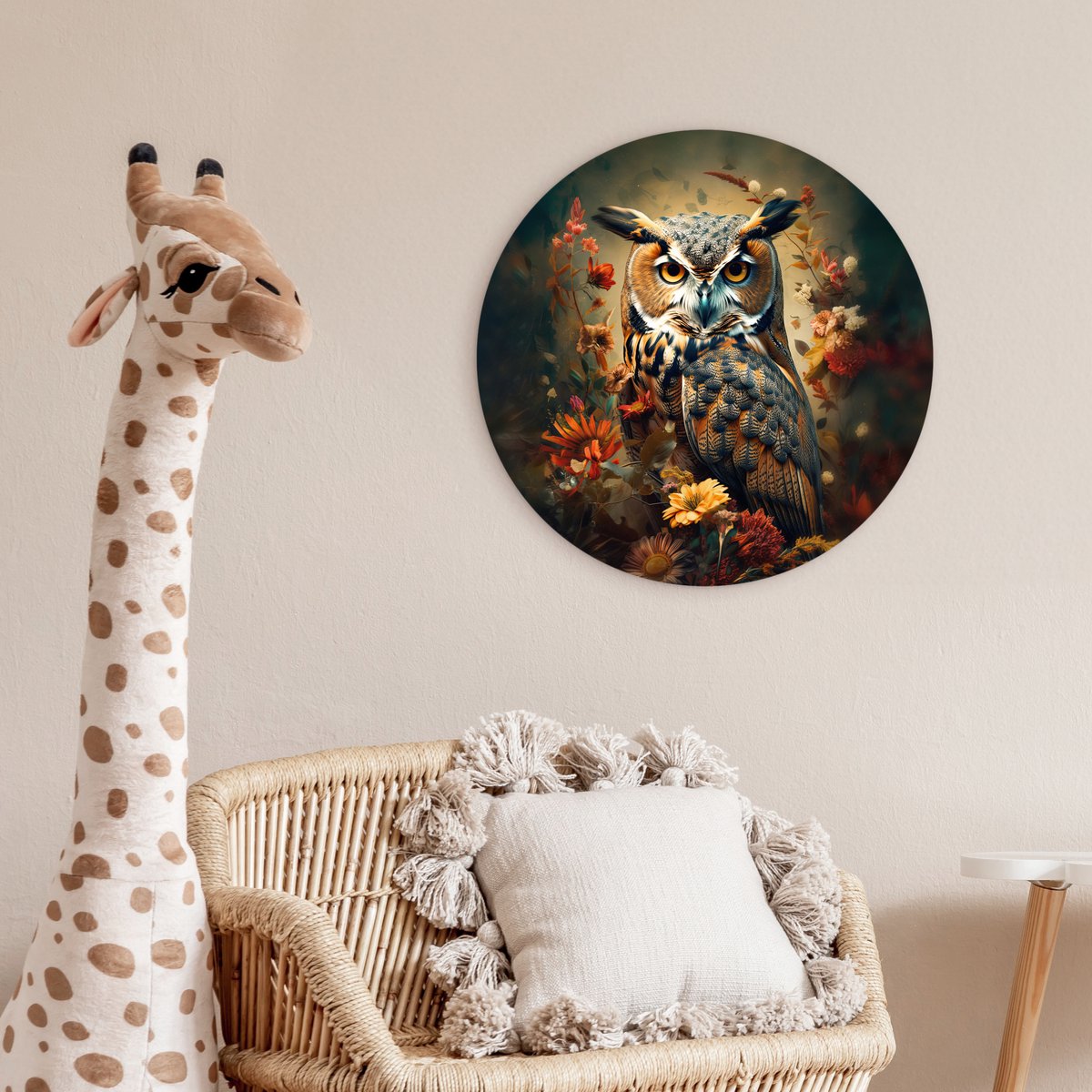 WallCircle® Muurcirkel 60x60 cm - Wandcirkel Uil - Vogel - Bloemen - Planten - Dieren - Botanisch - Muurdecoratie woonkamer - Wanddecoratie slaapkamer - Kamer decoratie accessoires - Ronde schilderijen - Woonaccessoires cirkel binnen