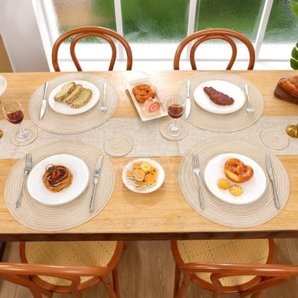 Ronde placemats en onderzetters, set van 6, ronde gevlochten geweven placemats, afwasbare tafelmatten en onderzetters, hittebestendige tafelmatten voor keuken, eettafel, thuisrestaurant