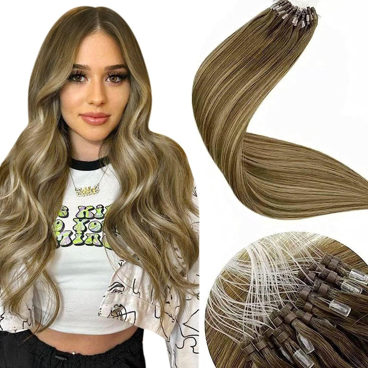 LaaVoo Micro Loop Hair Extensions 18"/45cm 50g/50s #8/16/8 Balayage Lichtbruin naar Goudblond met Lichtbruine Micro-ring Echt Haar Extensions Micro Rings Human Hair Extension