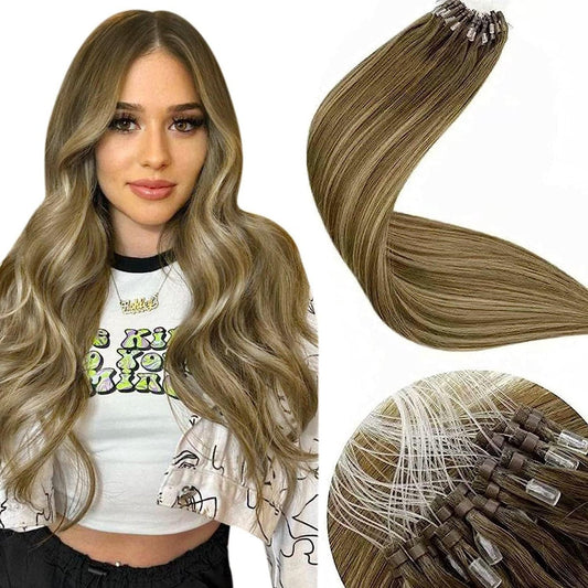 LaaVoo Micro Loop Hair Extensions 18"/45cm 50g/50s #8/16/8 Balayage Lichtbruin naar Goudblond met Lichtbruine Micro-ring Echt Haar Extensions Micro Rings Human Hair Extension