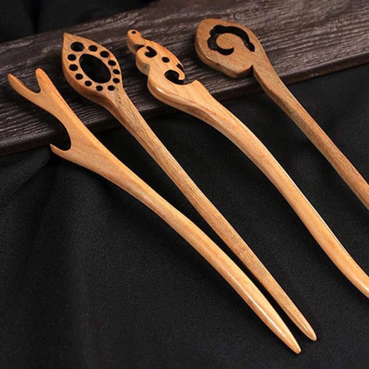 Houten Haarstok Haaraccessoires Set - Lange Haarspelden Hoorn Vork Pin - Chignon Houder - 4 Stuks