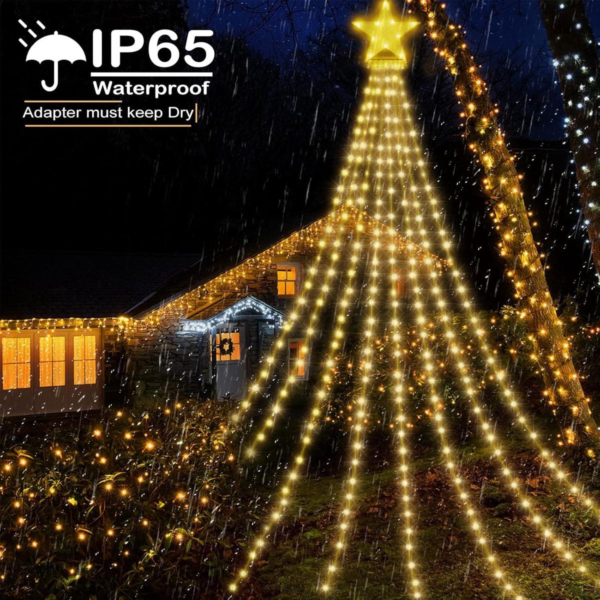 Buiten Kerstverlichting - Kerstboom Verlichting 298 LED's, Ster Sprei Lichtpiramide, 8 Modi, Geheugenfunctie, Timer, IP65 Waterdicht (Warm)