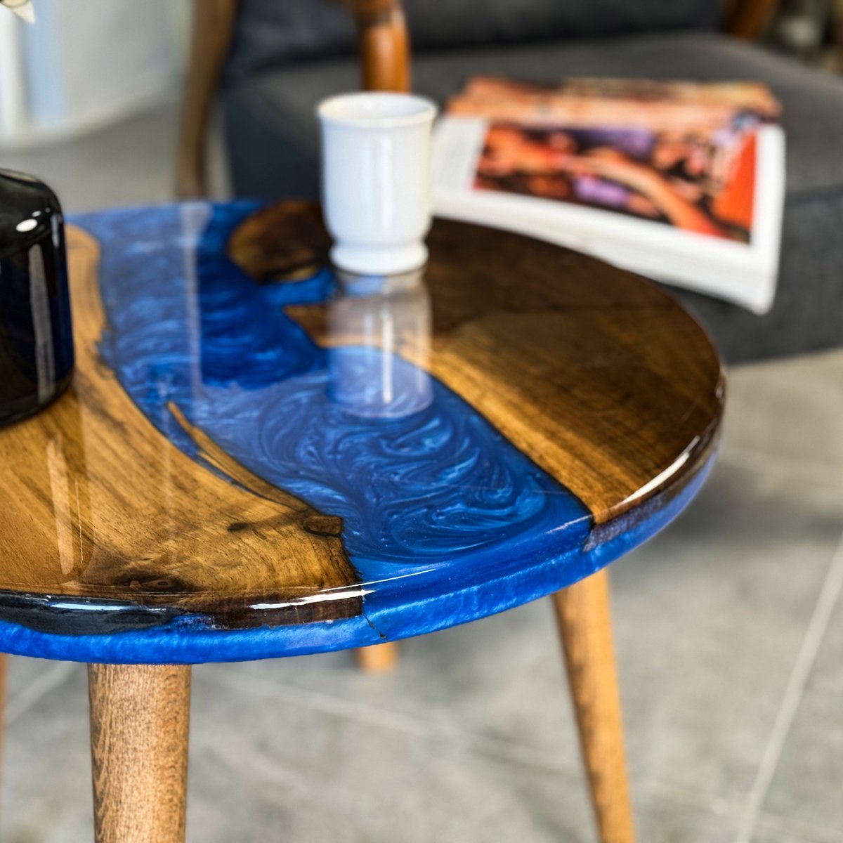 Salontafel - Bijzettafel Rond - Epoxy Bijzettafel - Epoxy - Bijzettafel Hout - Walnoot