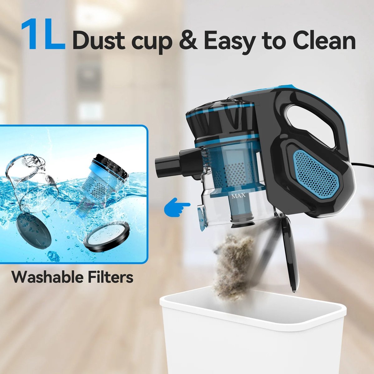 Luxe Steelstofzuiger 3-in-1 - 18000 Pa - Kruimeldief - Steelstofzuiger - 1,2 Liter Stofbak - 23 KPA/600WATT - 6M snoer - HEPA Filter - LUX Design - voor Tapijten en Harde Vloeren - Blauw