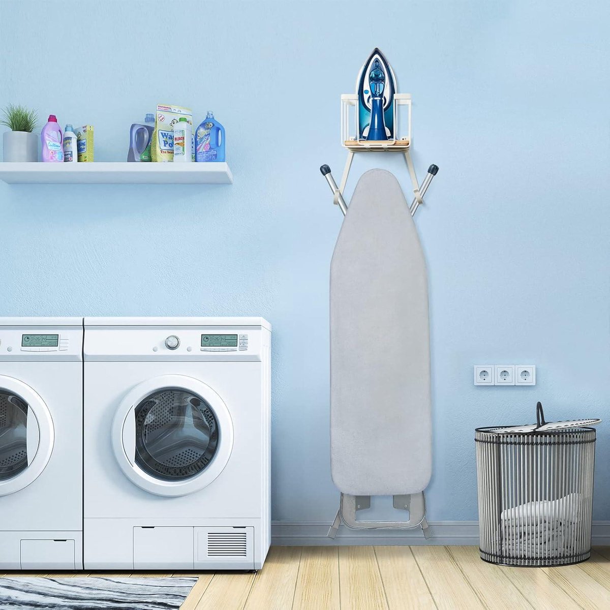 Ironing board holder wall mount with large storage basket - laundry room holder for iron and board - spray bottle storage rack Ironing board