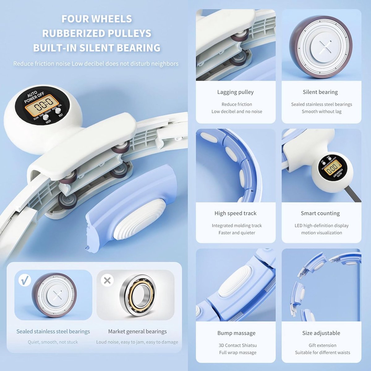 Smart hula hoop voor volwassenen, met teller, fitness hula hoop met gewichtsbal, stil en draaiend, voor training met plezier, hula hoop om af te vallen