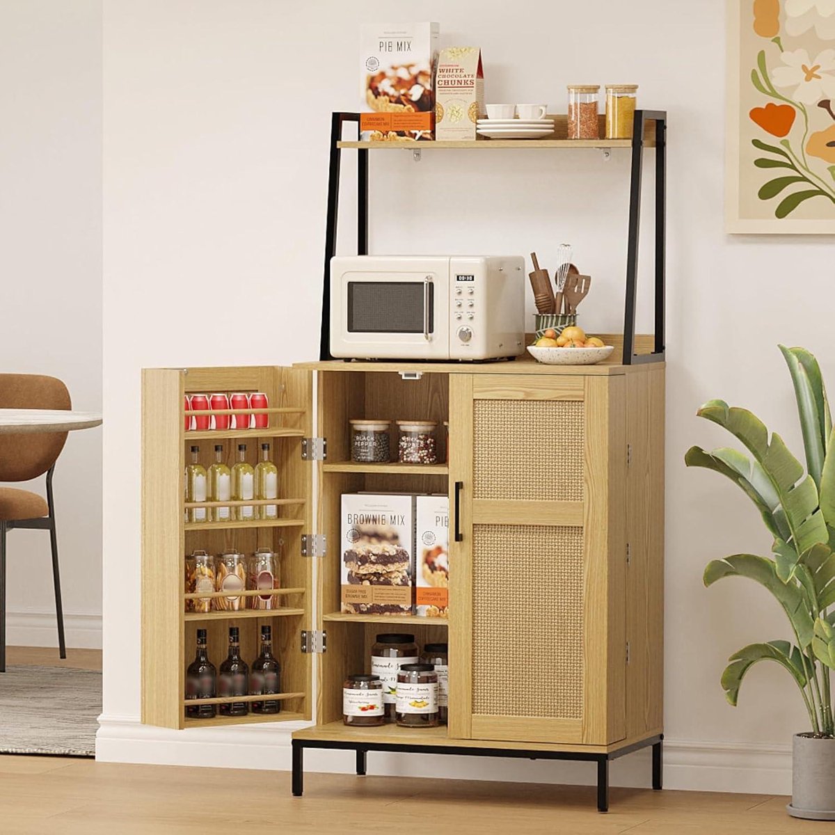 49.6" Kitchen Pantry Rattan Doors Adjustable Shelves Microwave Stand Coffee Bar Cabinet Natural microwave cabinet