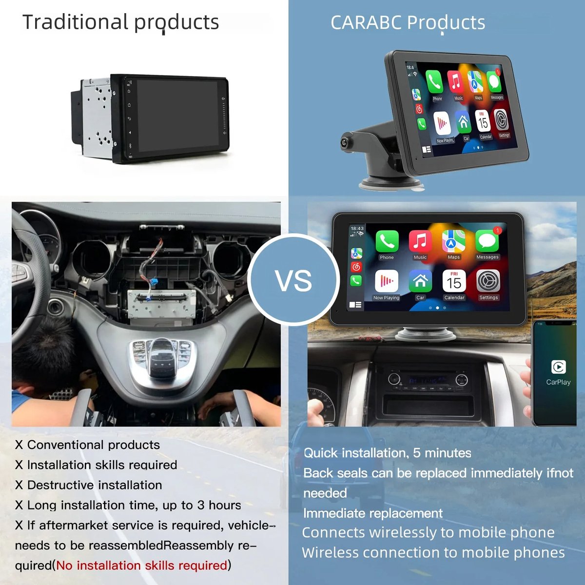 7 inch Scherm geschikt voor Apple Carplay en Android Auto - Draadloos Autoradio Dongle - Bluetooth Multimedia Speler