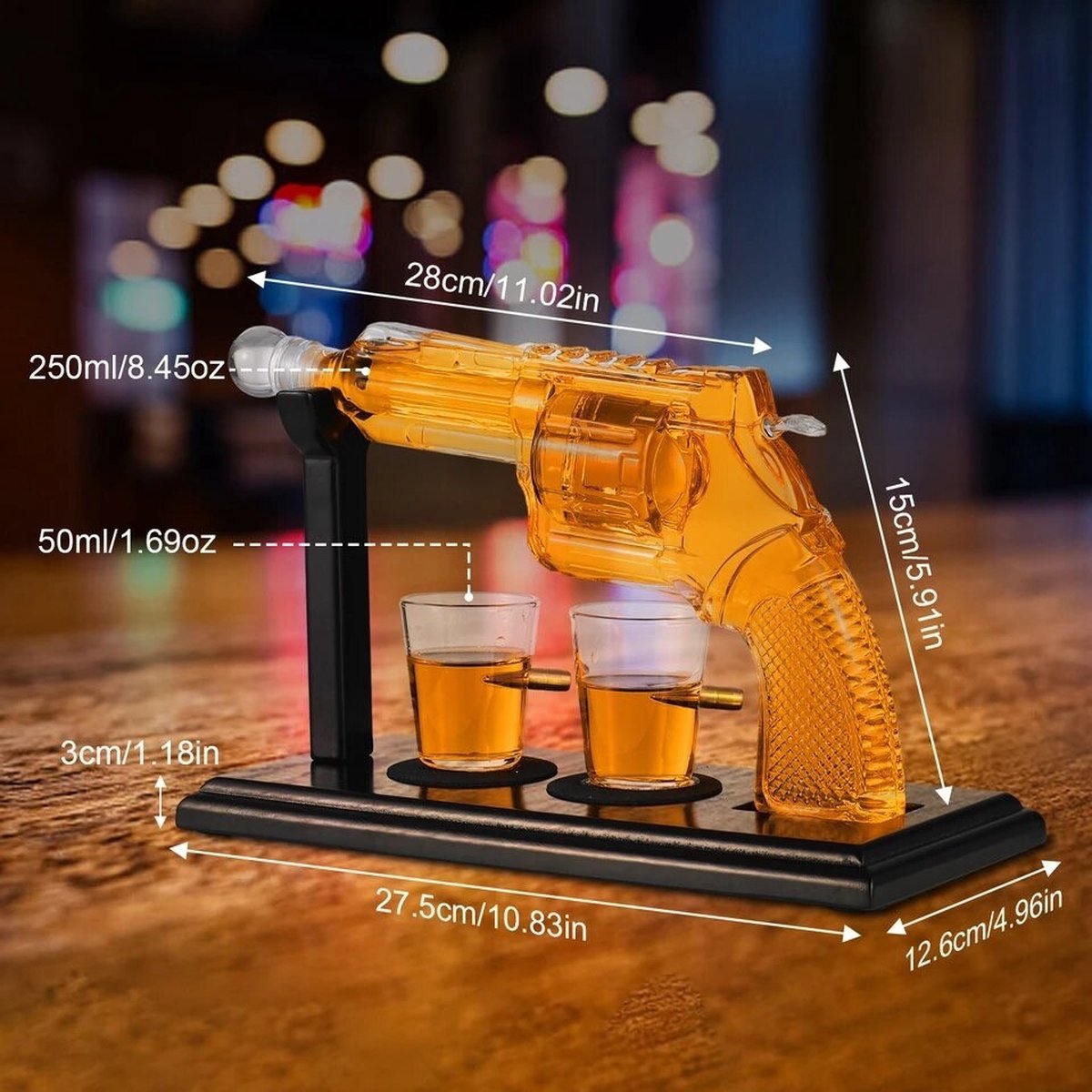 Whisky Karaf Set - Pistool Revolver Bar Set met 2 Glazen en Standaard