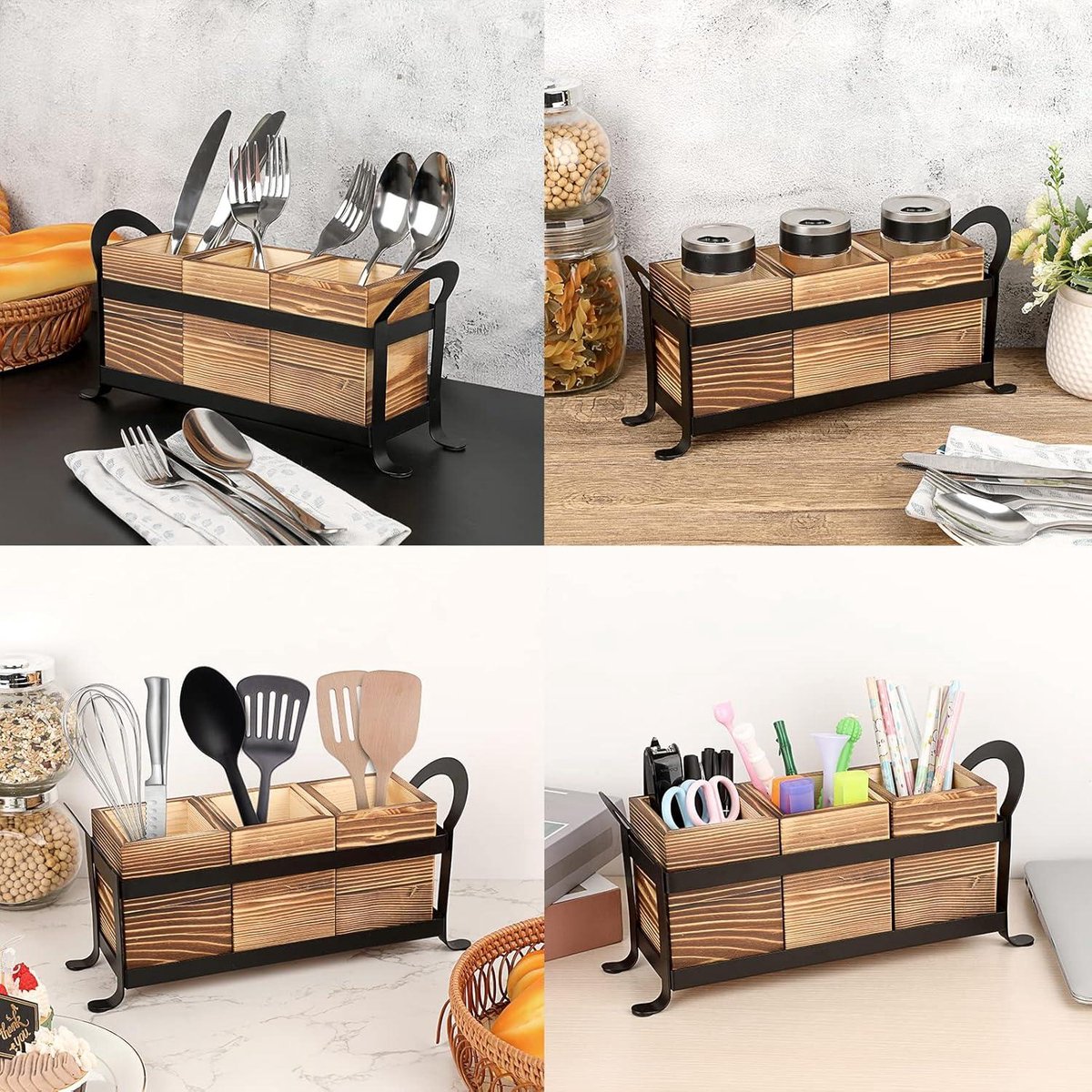 Bestekhouder Caddy met Metalen Lade - 3 Vakken Organizer voor Keuken Aanrecht - Multifunctionele Houten Opbergdoos