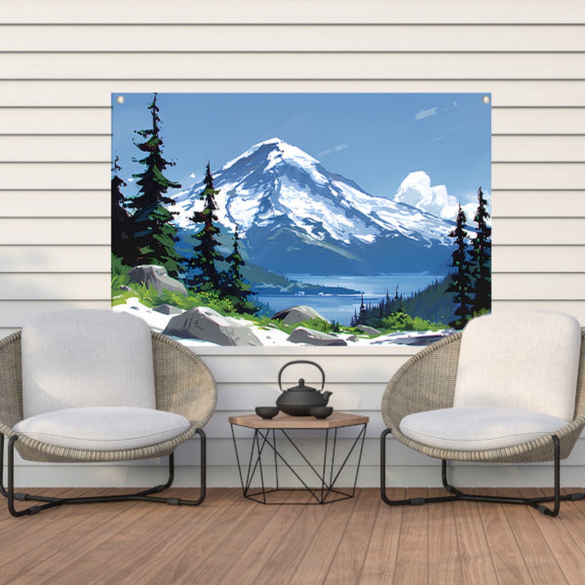 Berg tuinposter - Natuur tuinposter - Tuinposter Sneeuw - Posters buiten - Tuinaccessoires - Tuin decoratie voor buiten tuinposter 120x80 cm