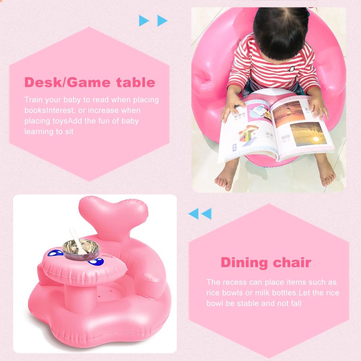 Inflatable Baby Chair, PVC, Foldable Baby Seat for 3-12 Months, Portable Floor Seat for Babies, Baby Sofa Chair, Home and Travel (Pink)