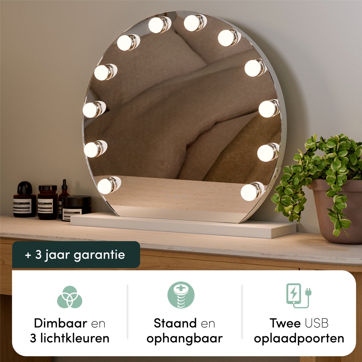 Nolt Hollywood Spiegel met Verlichting - ⌀ 50cm Make Up Vanity Licht - 1/X10 Vergrootspiegel - Wit