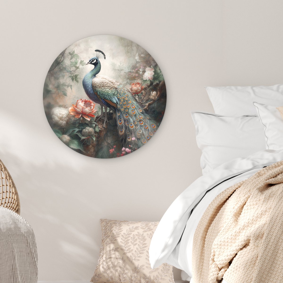 WallCircle® Wandcirkel 60x60 cm - Muurcirkel Pauw - Pauwenveren - Vogel - Bos - Jungle - Bloemen - Muurdecoratie woonkamer - Wanddecoratie slaapkamer - Kamer decoratie accessoires - Ronde schilderijen - Woonaccessoires cirkel binnen