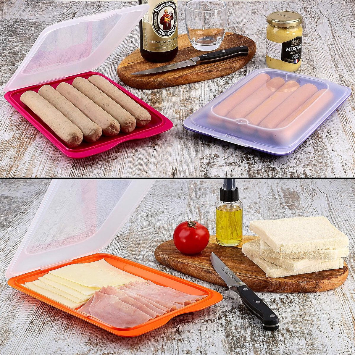 Hoogwaardige vleeswarendozen, 4-delige set, ruimtebesparend, stapelbaar (stapeldozen), doosset voor broodbeleg, met geïntegreerde serveerschaal Foodcenter vershoudbakjes voor de koelkast.