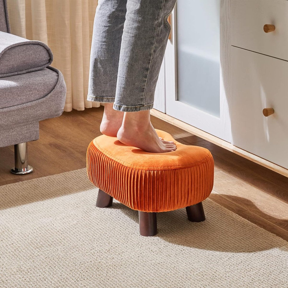 Footstool, bench with handle, curved step stool with soft seat cushion, velvet padded stool, solid wood, for living room, children's room, 40 x 28 x 23 cm, orange