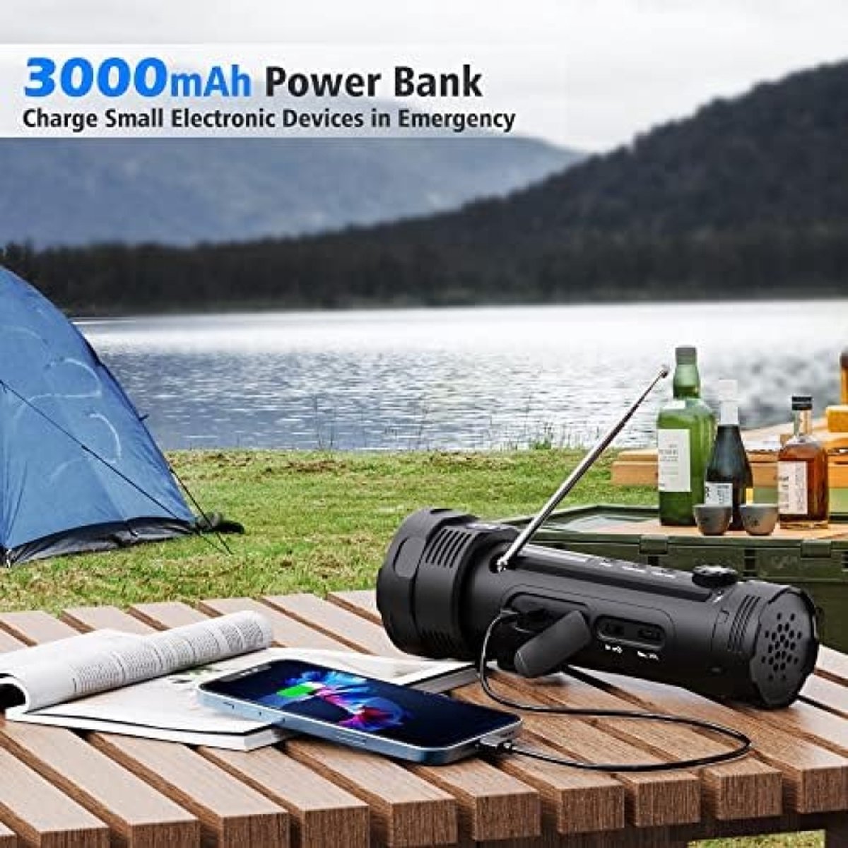 Crank-zaklamp, campinglamp, crank-radio, met oplaadbare accu van 3000 mAh, noodradio, led-campinglamp, FM-dynamo, zonnetalarm, voor buiten, wandelen