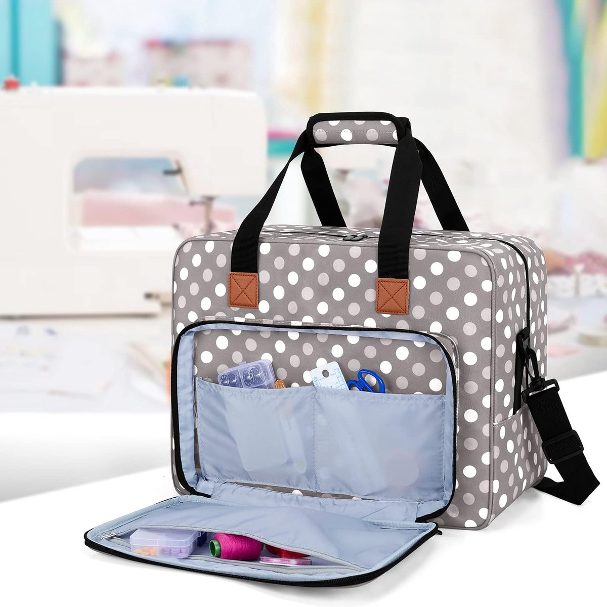 Sewing Machine Bag - Portable Carrying Case for Sewing Machine and Extra Sewing Accessories - Grey Dots