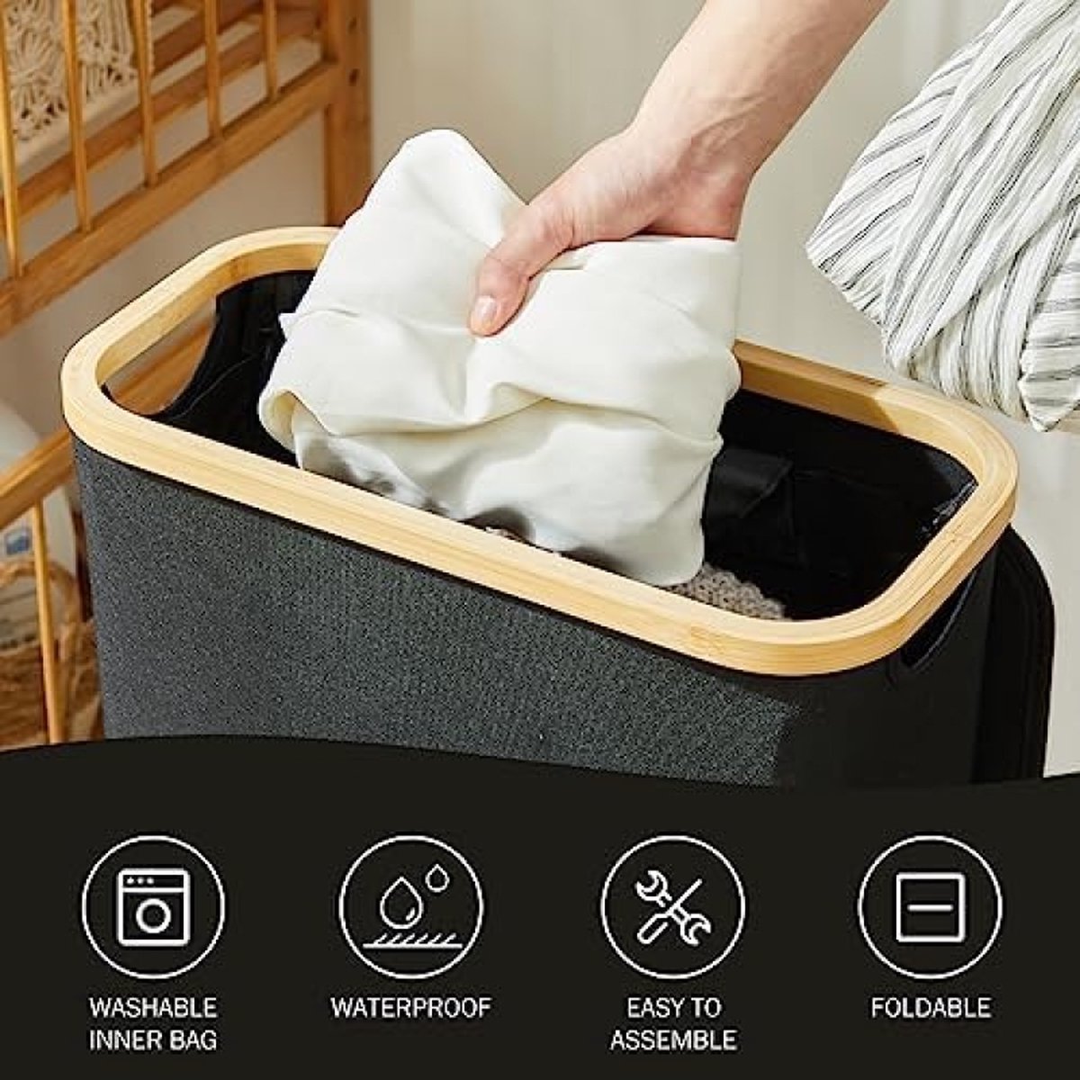Wasmand met deksel, 48 liter, wasverzamelaar, smal, met waszak, opvouwbare wasmand, hout, bamboe, hoge wasmand