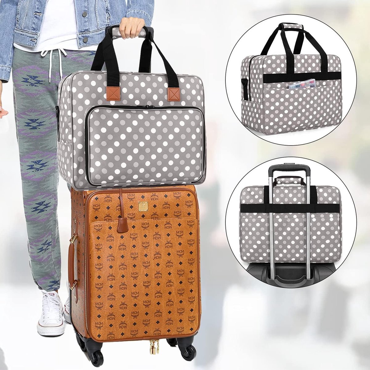 Sewing Machine Bag - Portable Carrying Case for Sewing Machine and Extra Sewing Accessories - Grey Dots