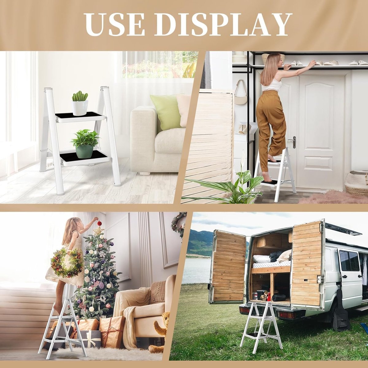 Stepladder, 2 steps, foldable, ladder with wide non-slip pedal, step stool with 150 kg capacity, white