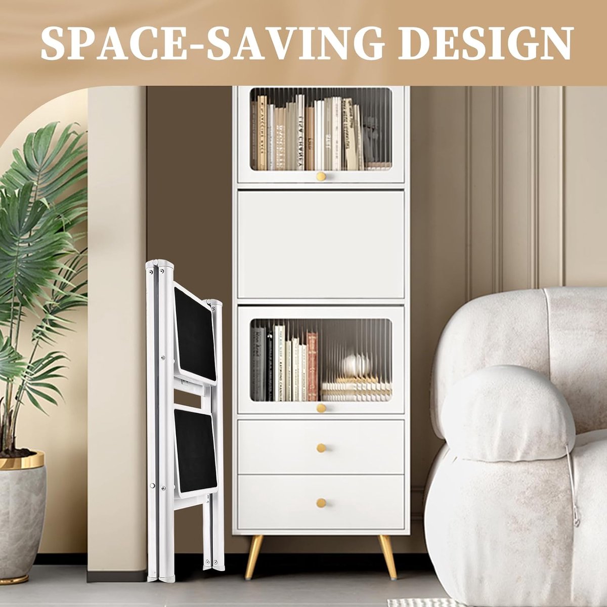 Stepladder, 2 steps, foldable, ladder with wide non-slip pedal, step stool with 150 kg capacity, white