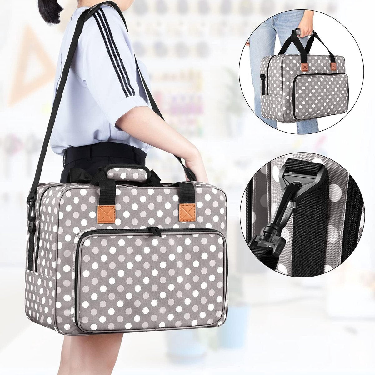 Sewing Machine Bag - Portable Carrying Case for Sewing Machine and Extra Sewing Accessories - Grey Dots